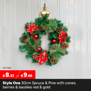 30cm Spruce & Pine with cones, berries & baubles red & gold