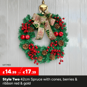 42cm Spruce with cones, berries & ribbon red & gold