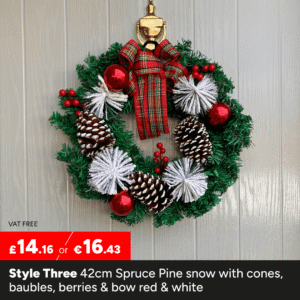 42cm Spruce Pine snow with cones, baubles, berries & bow red & white