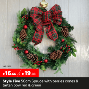 50cm Spruce with berries cones & tartan bow red & green