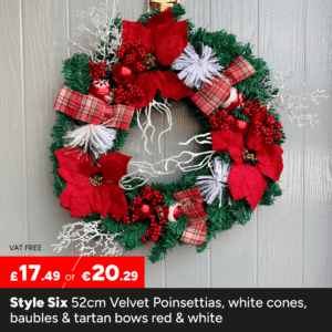 52cm Velvet Poinsettias, white cones, baubles & tartan bows red & white